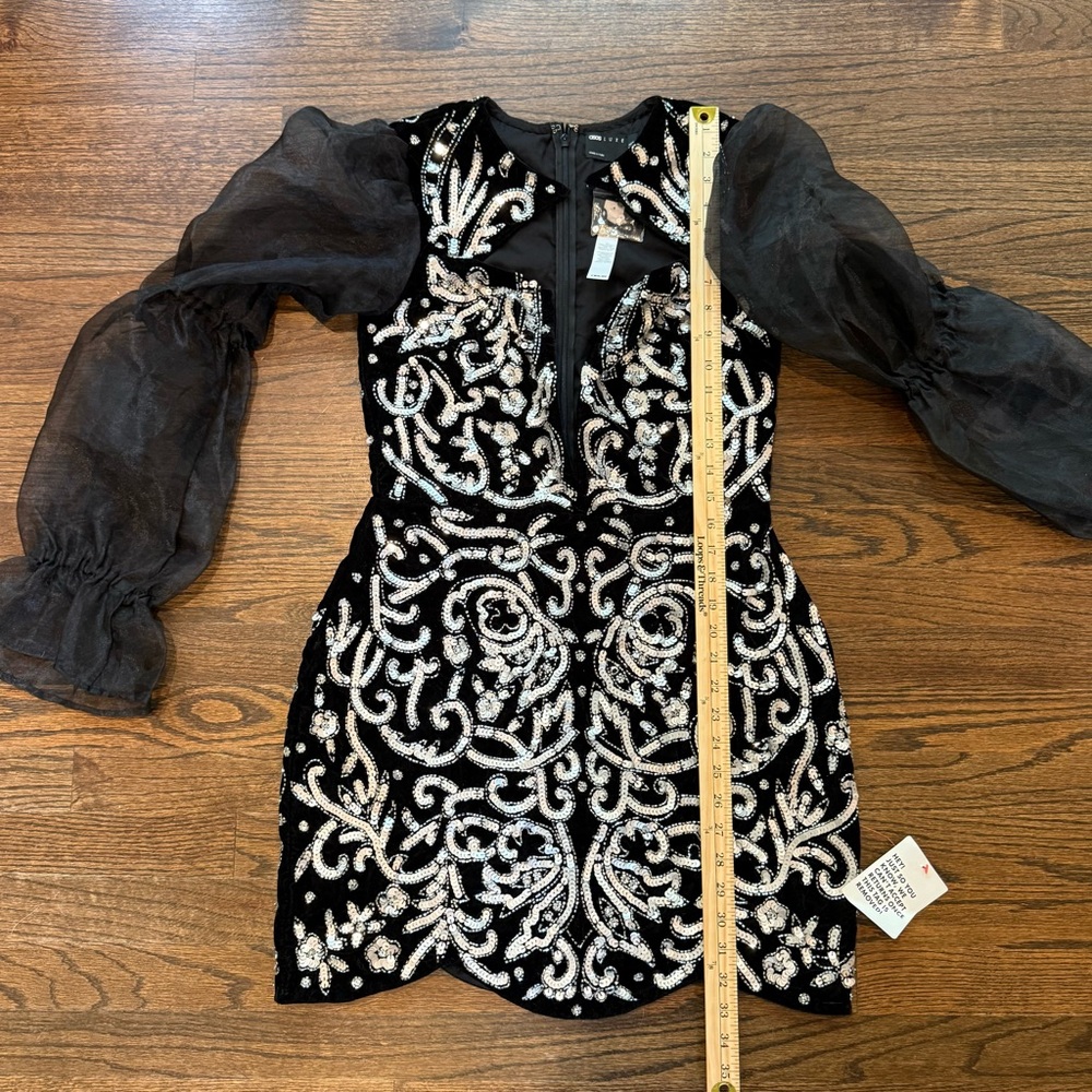 ASOS LUXE Keyhole Plunge Embellished Mini Dress with Sheer Bishop Sleeves NWT - Picture 10 of 15